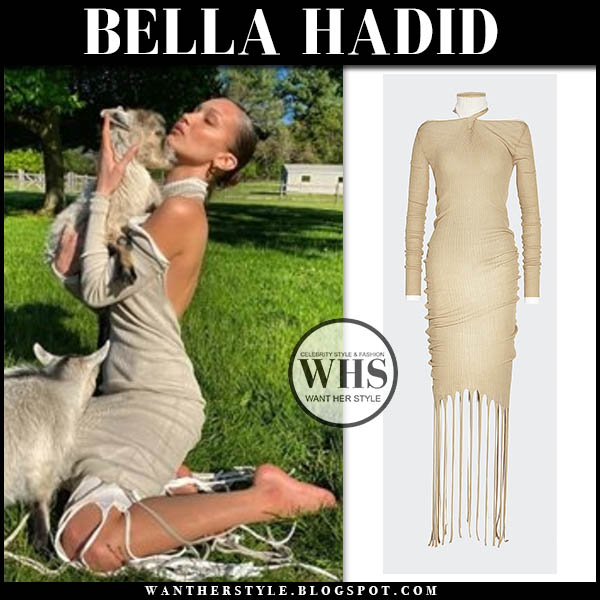 Bella Hadid wearing beige fringed dress
