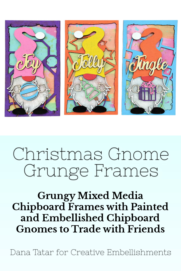 Grungy mixed media chipboard frames with painted and embellished Christmas gnomes to trade with friends.