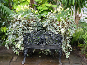 Spring containers and wrought iron bench at the Allan Gardens Conservatory 2018 Spring Flower Show by garden muses-not another Toronto gardening blog