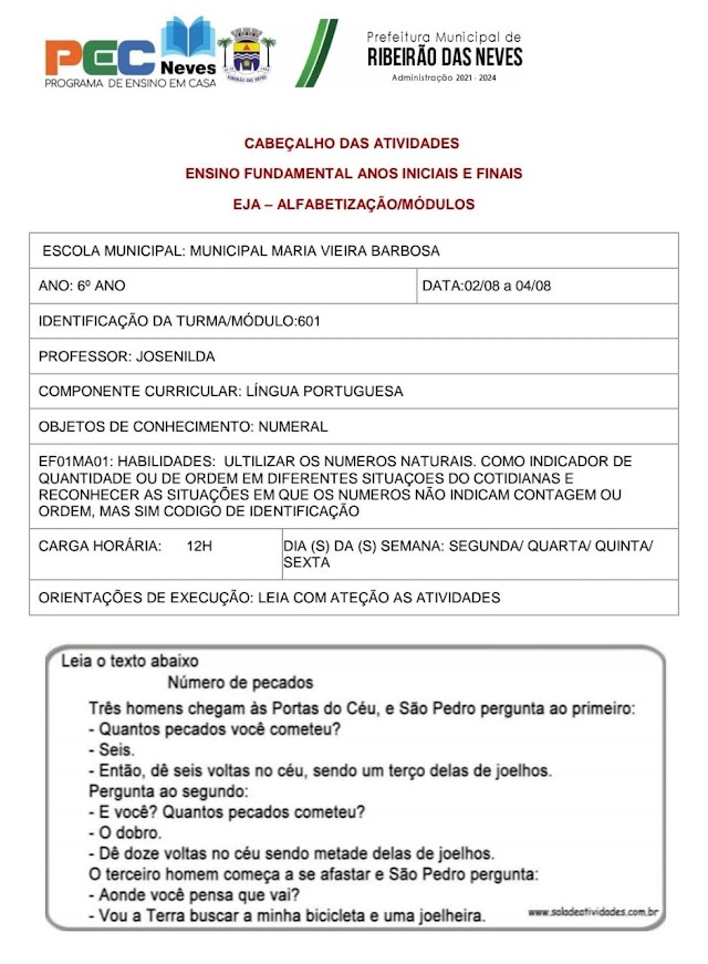 Atividade de Língua Portuguesa 6 Ano - 02/08 a 04/08 - Professora Josenilda