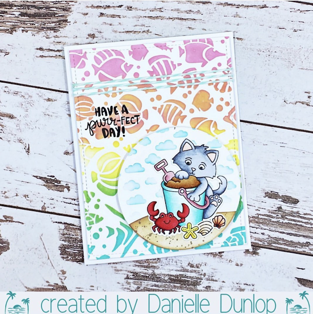 Fan Feature Week - Day 1 | Kitty Beach Card by Danielle Dunlop using Kitten Beach Stamp Set and Tropical Fish Stencil by Newton's Nook Designs #newtonsnook #handmade
