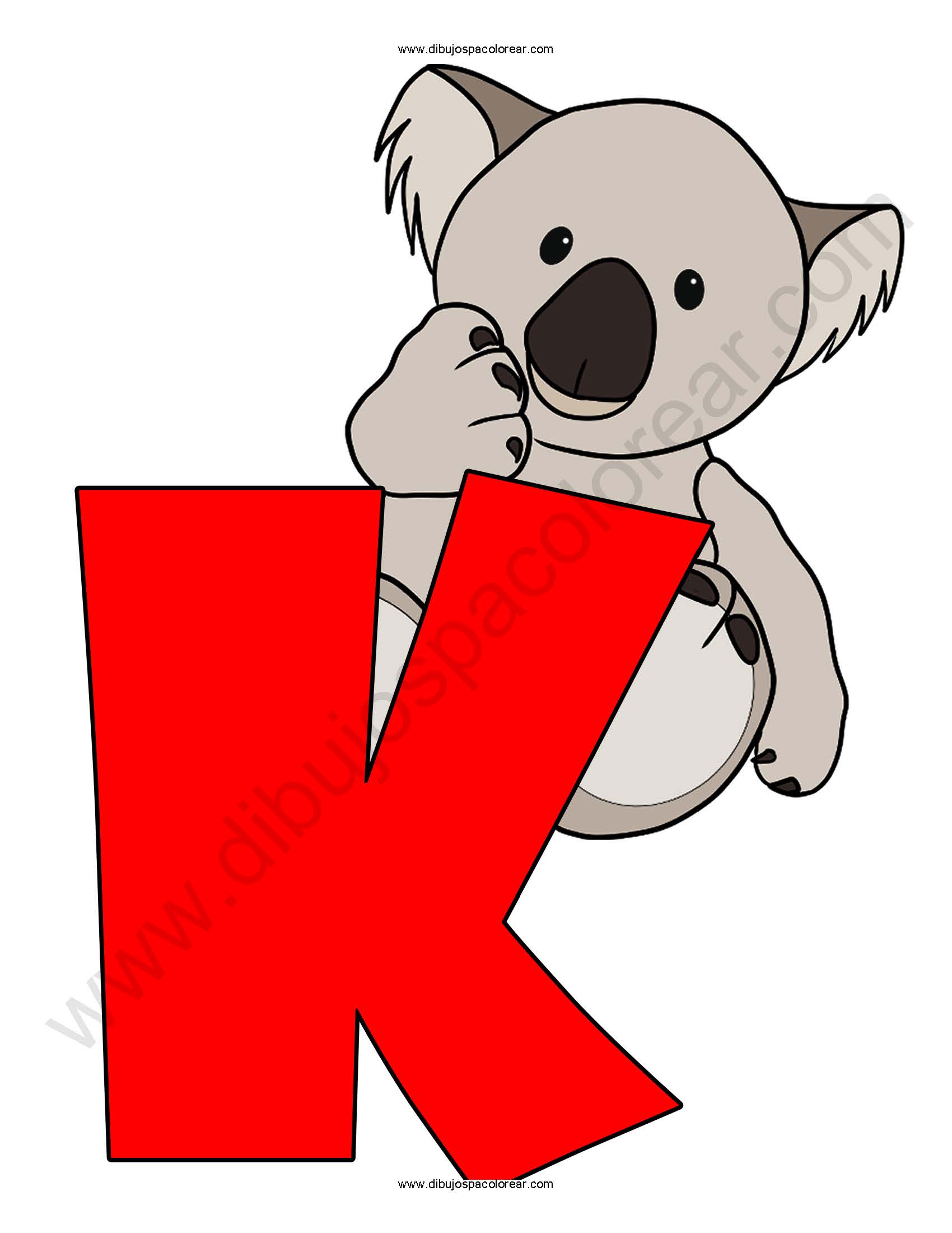 Letra K Koala abecedario dibujo a color y para colorear