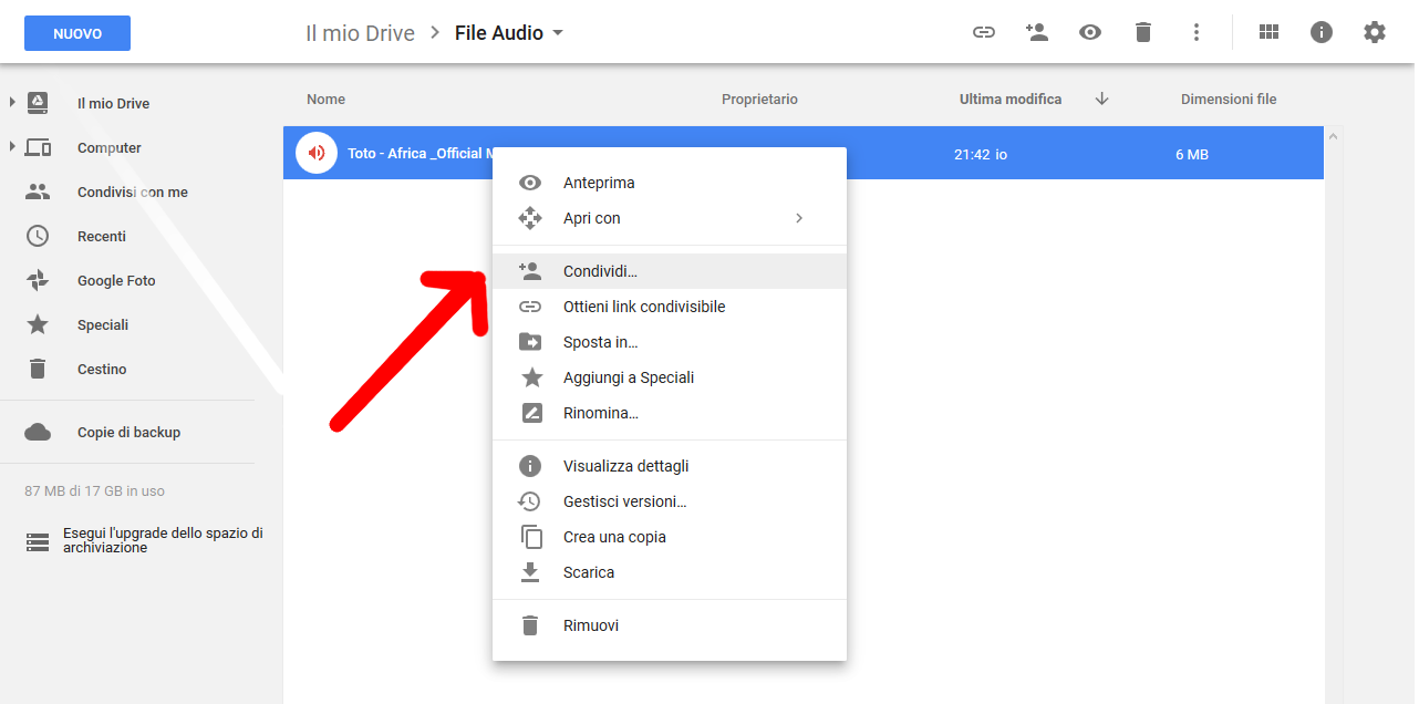 Condividere file audio Google Drive