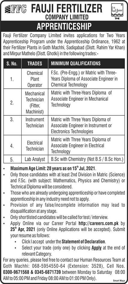 Fauji Fertilizer Company FFC Apprenticeship Program 2021| Apply Online