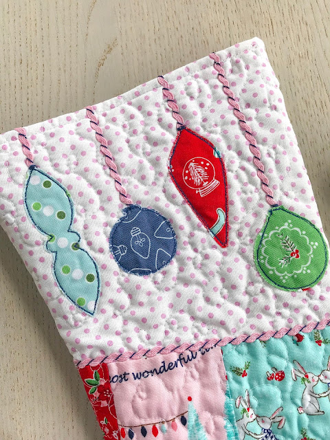Christmas stocking with applique baubles by Anorina Morris
