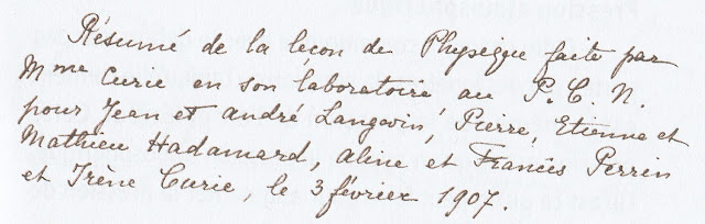 Extrait du manuscrit d’Isabelle Chavannes (in Leçons de Marie Curie, 2003, EDP Sciences)