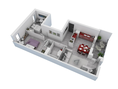 great two bedroom 3d floor plans with L-shaped kitchen
