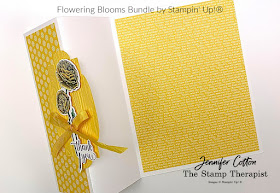 Thank you fun fold card using Stampin' Up!'s Flowering Blooms Bundle!  We also used the Brights 6x6 designer paper, Stitched So Sweetly dies, Pinewood Planks embossing folder, and Whisper Whtie Crinkled Seam Binding Ribbon.  Click the picture to go to blog/video!  #StampinUp #StampTherapist