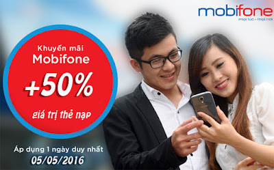 Tặng 50% giá trị thẻ nạp Mobifone duy nhất ngày 5/5/2016