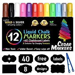 Cedar Markers Liquid Chalk Markers - 12 Pack With Free 40 Chalkboard Labels - Neon Color Pens Including Gold And Silver Ink. Reversible Bullet And Chisel Tip And A Brand New Revolutionary Cap.