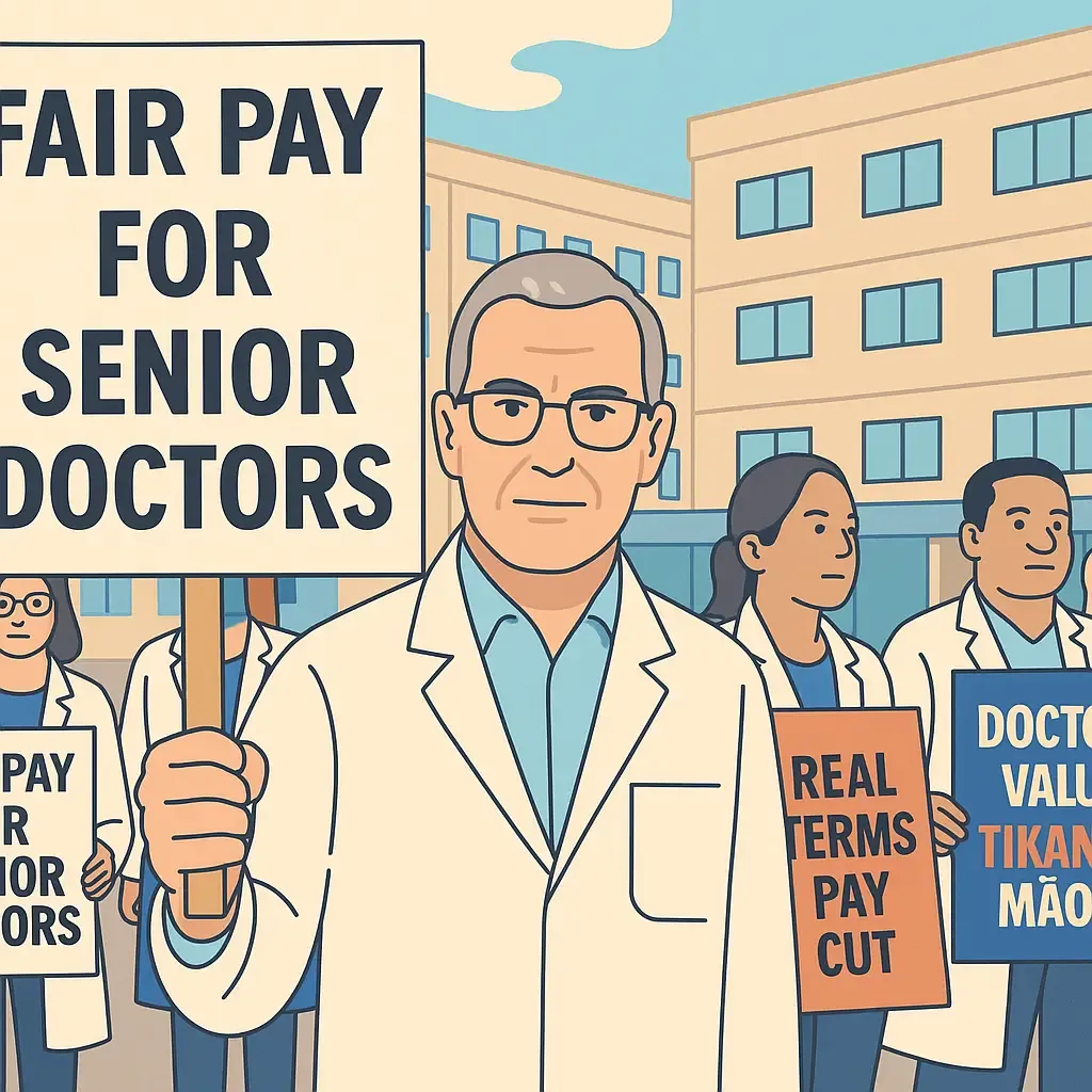 Senior doctors holding placards outside a New Zealand hospital during contract negotiations