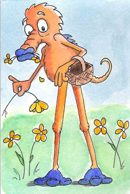 silly funny monster watercolor picking flowers lunch daisies Ky Betts Sketches for Nora spring gardening garden