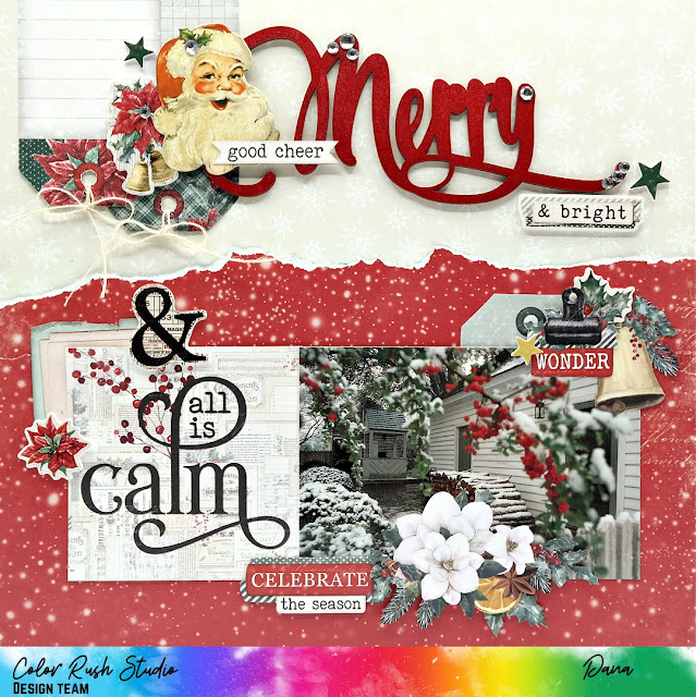 Christmas scrapbook layout created with the Simple Stories Simple Vintage 'Tis The Season collection and festive Color Rush Studio embellishments.