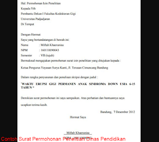 Contoh Surat Permohonan Penelitian Dinas Pendidikan 