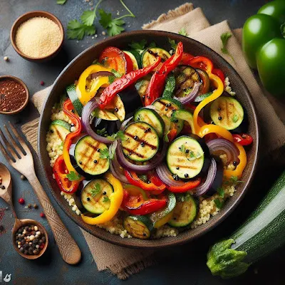 Auf dem Bild ist eine große braune Schale mit Gemüse und Couscous zu sehen. Auf dem fertigen Coucous liegen gelbe und rote Paprikastreifen, Zucchinischeiben, Auberginenscheiben und rote Zwiebelringe gebraten. Daneben liegt eine unbehandelte Zucchini und eine grüne Paprikaschote. Sowie ein kleines Schälchen mit Couscous, gemahlenem Pfeffer, ein Löffel mit bunten Pfefferkörnern und ein paar Korianderblätter. Das Gericht vegetarische Gemüsepfanne mit Couscous sieht sehr gesund und appetitlich aus.