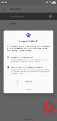 4. Terakhir konfirmasi pengaktifan TalkBack dengan menekan Izinkan