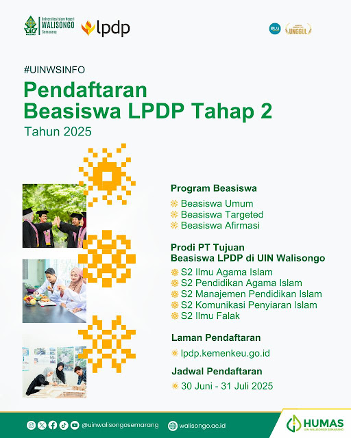 Beasiswa LPDP S2 UIN Walisongo 2025 dibuka! Pilih 5 prodi unggulan hingga 31 Juli. Cek info lengkap PMB S1 UIN Walisongo jalur mandiri, UTBK, & rapor.