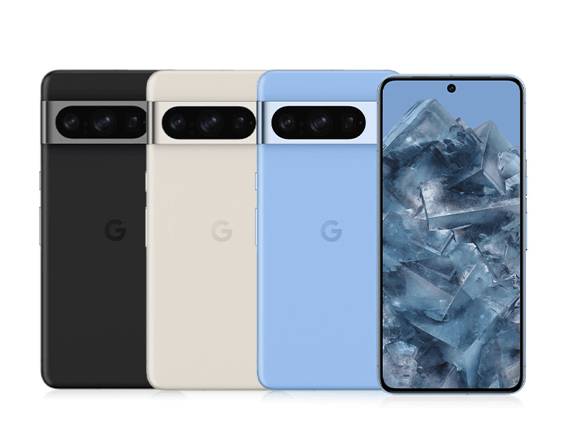 Google Pixel 8 Pro in Obsidian, Porcelain, and Bay colorways