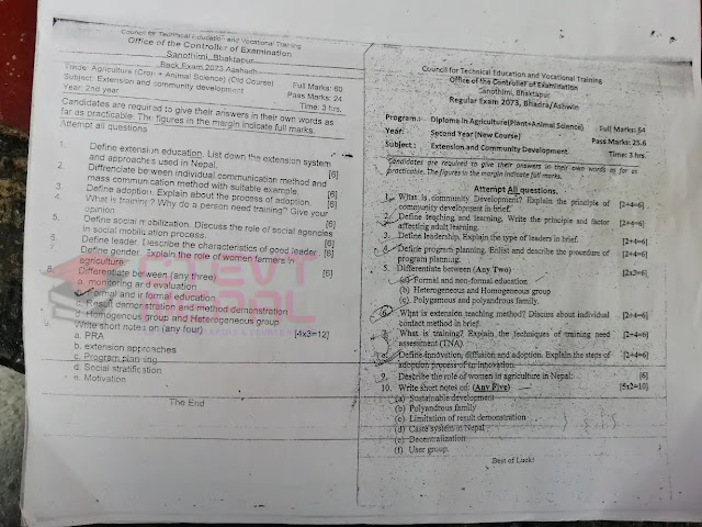 Extension & Community Development - 2nd Year Question Papers CTEVT | Diploma in Agriculture (Animal/Plant Science)