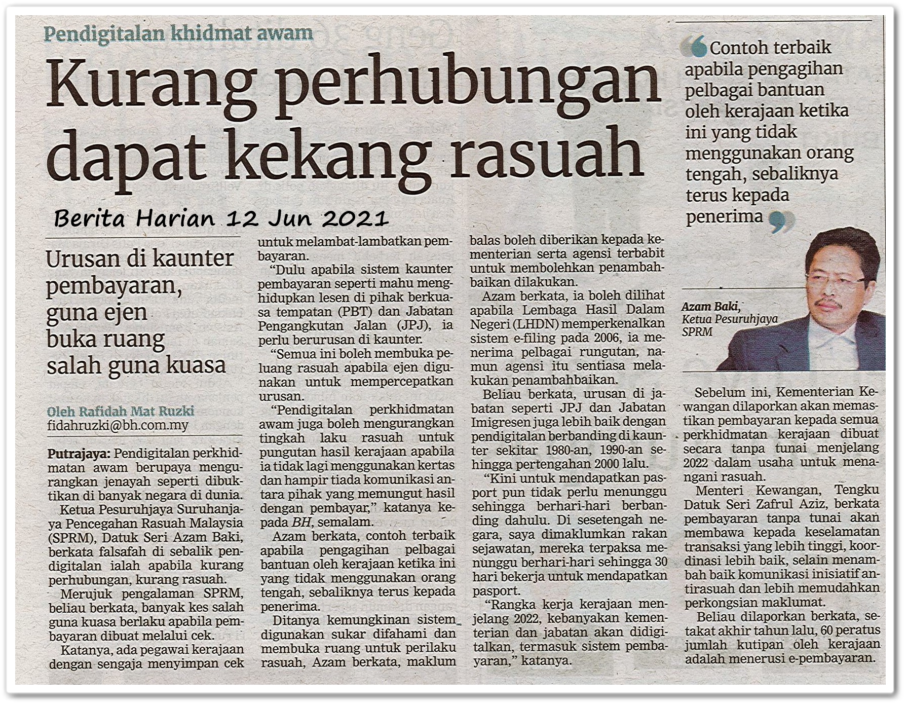 Kurang perhubungan dapat kekang rasuah - Keratan akhbar Berita Harian 12 Jun 2021