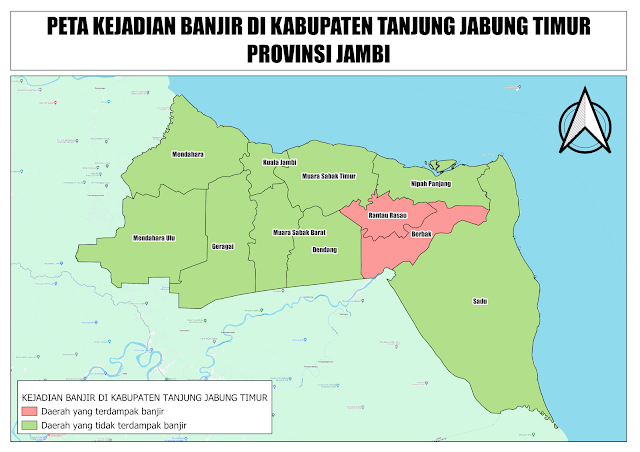 Peta Kejadian Banjir di Kabupaten Tanjung Jabung Timur tingkat Kecamatan Prov Jambi Januari - Februari 2024