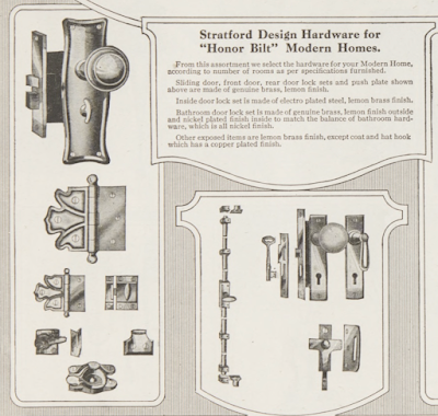 Sears hinge and Stratford hardware shown in black and white drawing in Sears catalog