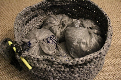 plarn, plastic yarn, recycle, crochet, home decor, floor pouf