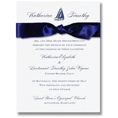 White Wedding Invitation with Navy Blue Bow