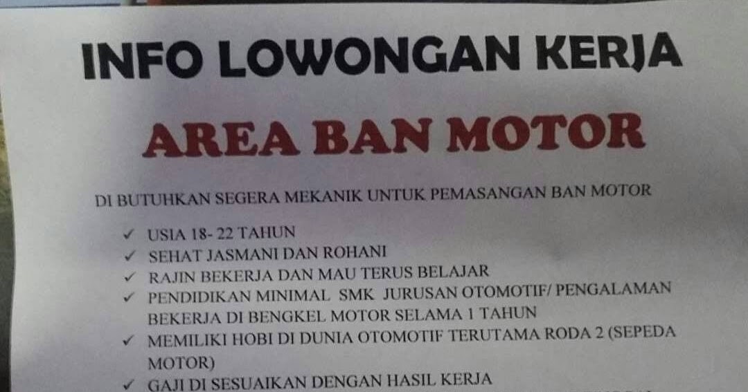 Lowongan Kerja di Padang - Area Ban Motor - Mekanik (Mei 