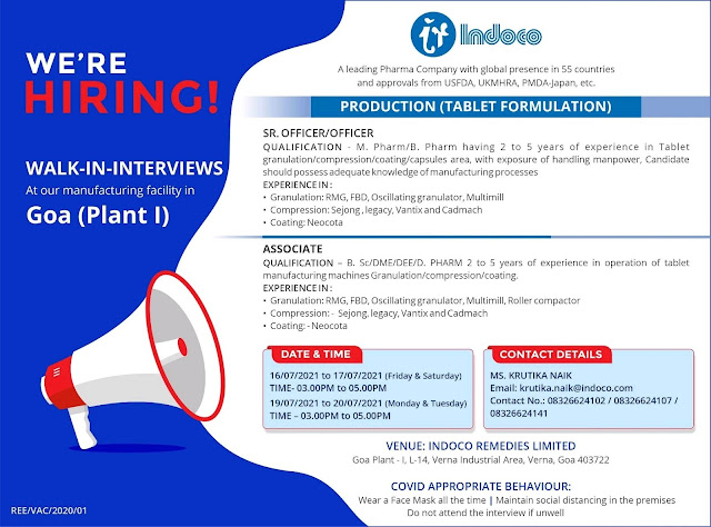 Job Availables, Indoco Walk In Interview For M.Pharm/ B.Pharm/ BSc/ DME/ DEE/ D.Pharm