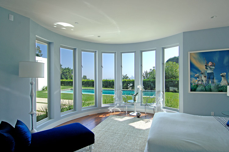  royal blue chairs and seven windows from floor to ceiling! Above