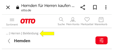 Breadcrumb-Navigation in der mobilen Ansicht von otto.de