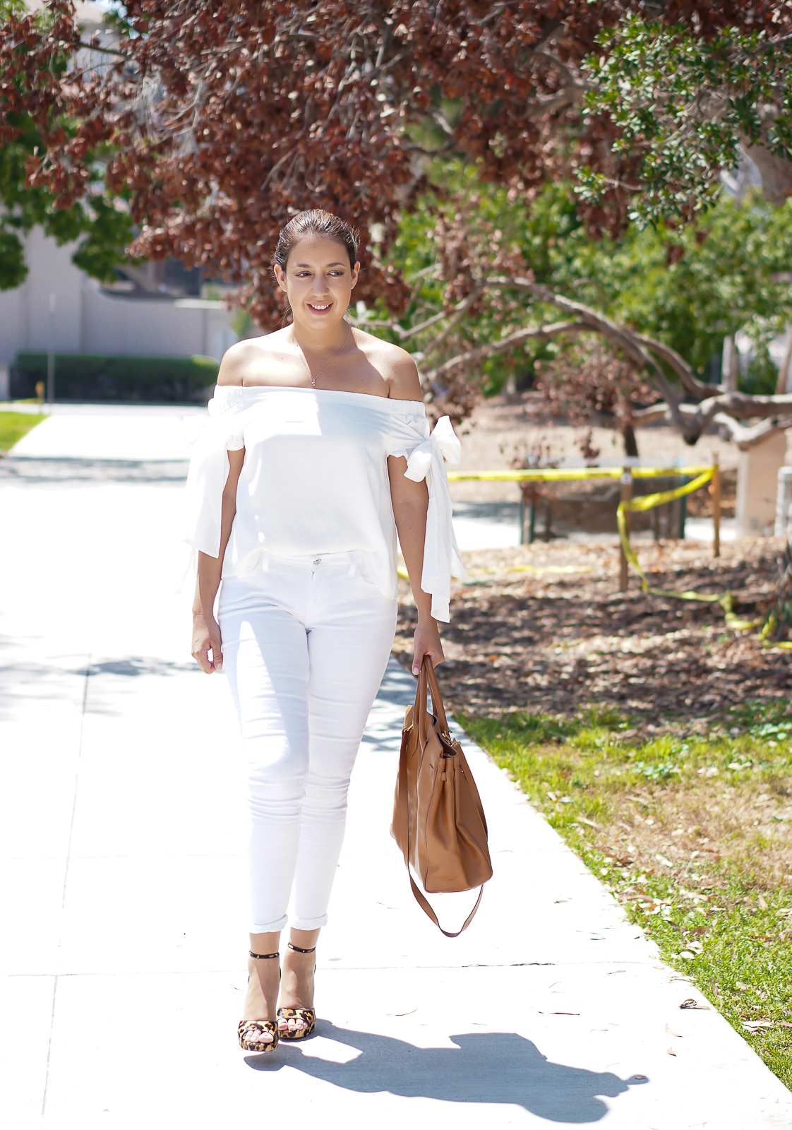 Tie Off The Shoulder Top-Nasty Gal, White Levis Jeans, Coach Leopard Print Heels, Orange Birkin Inspired Bag By True Honest Fashion