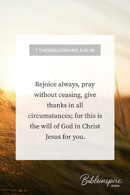 Bible verse 1 Thessalonians 5:16-18: 'Rejoice always, pray without ceasing, give thanks in all circumstances; for this is the will of God in Christ Jesus for you.' on a white overlay. Background is a golden sunlit field of wheat or tall grass. Bibleinspire.com watermark. Christian inspirational quote about joy, prayer, and gratitude.