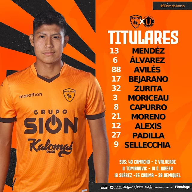 Alineaciones Royal Pari vs Universitario de Vinto