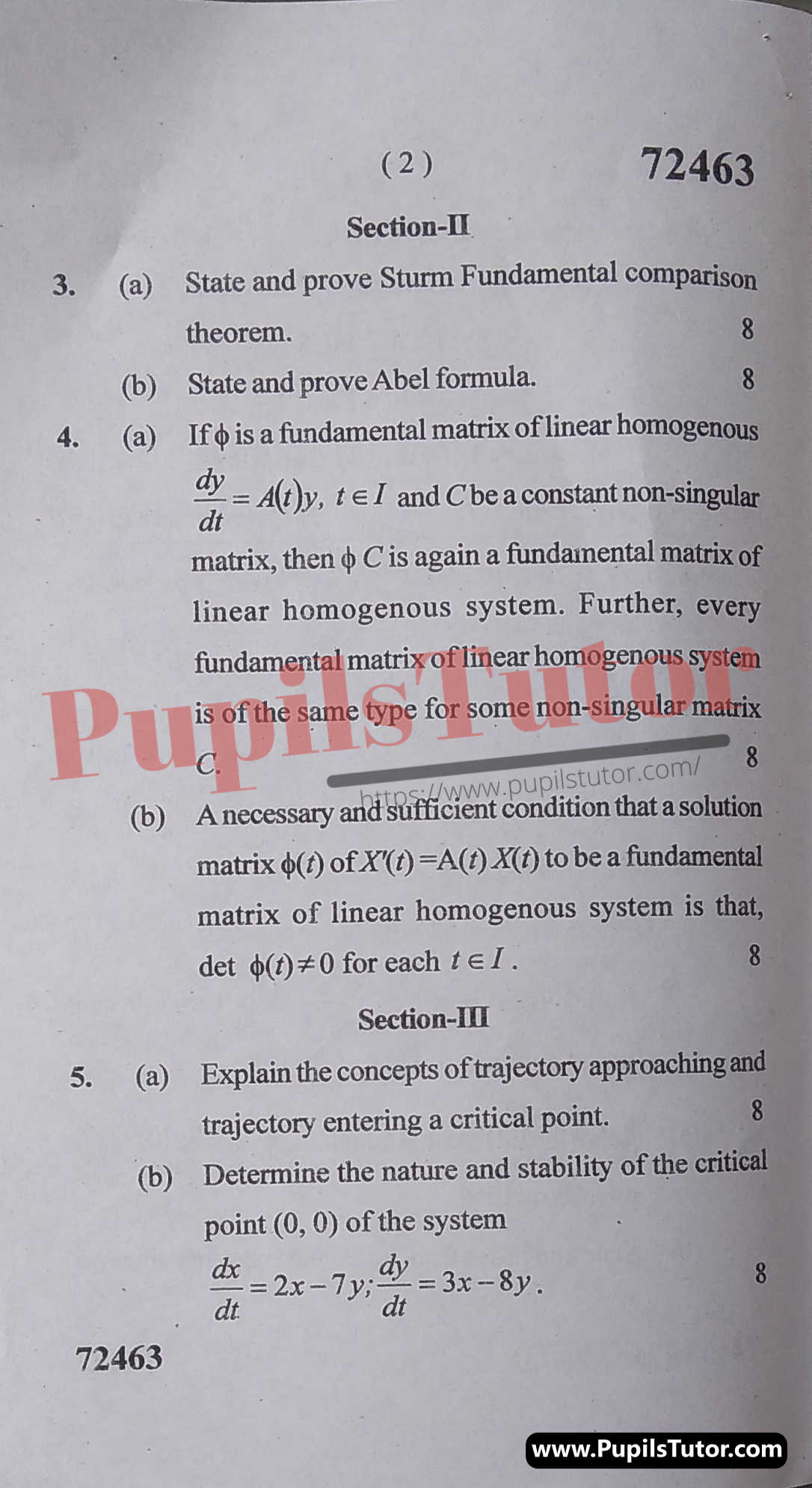 M.D. University M.Sc. [Mathematics] Ordinary Differential Equations First Semester Important Question Answer And Solution - www.pupilstutor.com (Paper Page Number 2)