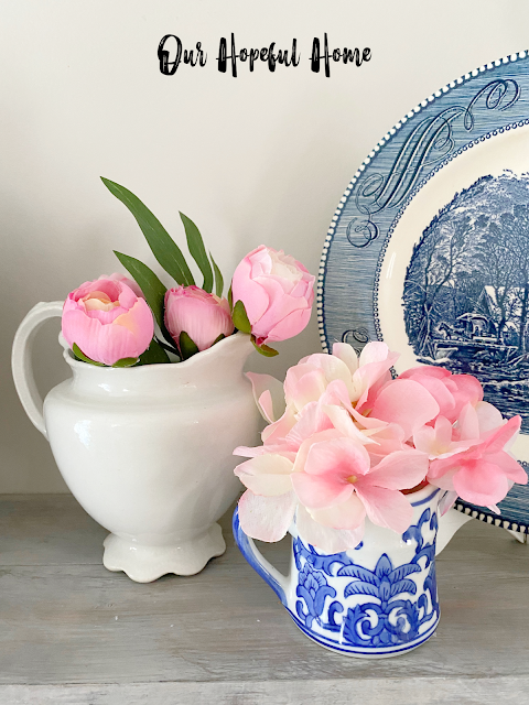 vintage ironstone pitcher blue white porcelain creamer pink