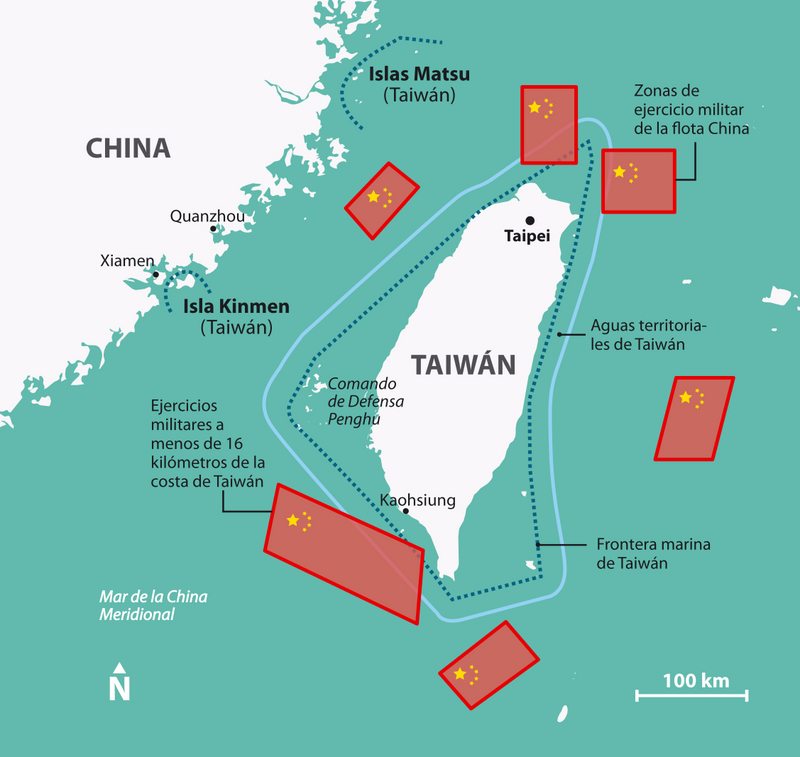 Mapa con las zonas donde China hará ejercicios militares alrededor de Taiwán