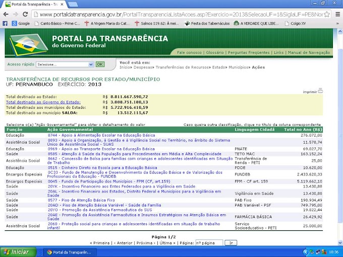 Meus amigos, aí vai a primeira informação sobre os recursos destinados a nosso município em 2013 através do Portal da Transparência: