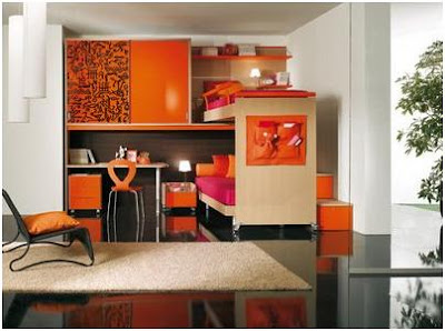 ORANGE BEDROOMS FOR CHILDREN LOFT STYLE – DORMITORY FOR YOUNG PEOPLE