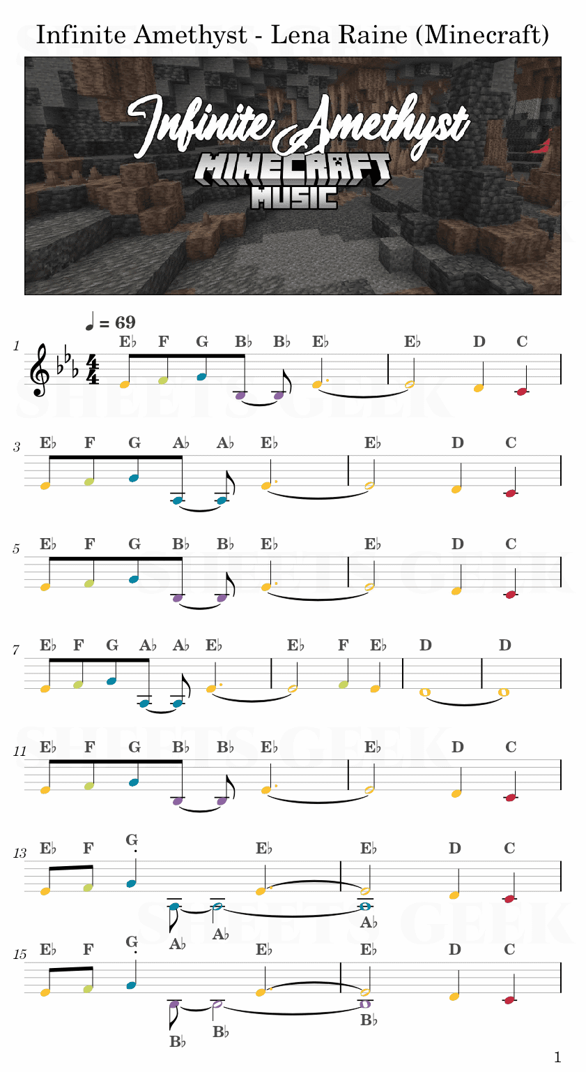 Infinite Amethyst - Lena Raine (Minecraft 1.18 Caves & Cliffs) Easy Sheet Music Free for piano, keyboard, flute, violin, sax, cello page 1