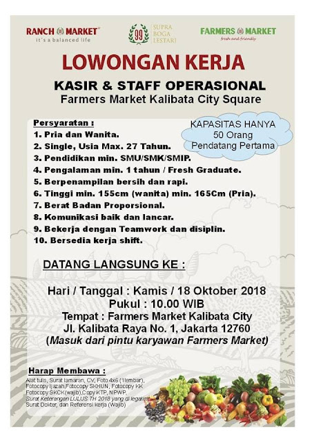 Lowongan Kerja Kasir dan Staff operasional Farmers Market