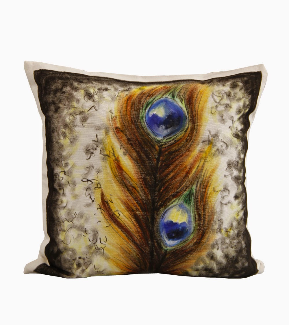 Peacock Feather White Cotton Hand Painted Cushion Covers