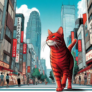 un gatto rosso in mezzo ai grattacieli di Tokio, stile manga