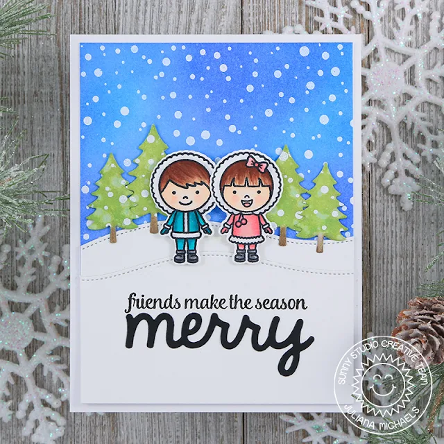 Sunny Studio Stamps: Eskimo Kisses Frosty Flurries Merry Sentiments Woodland Borders Friendship Christmas Card by Juliana Michaels