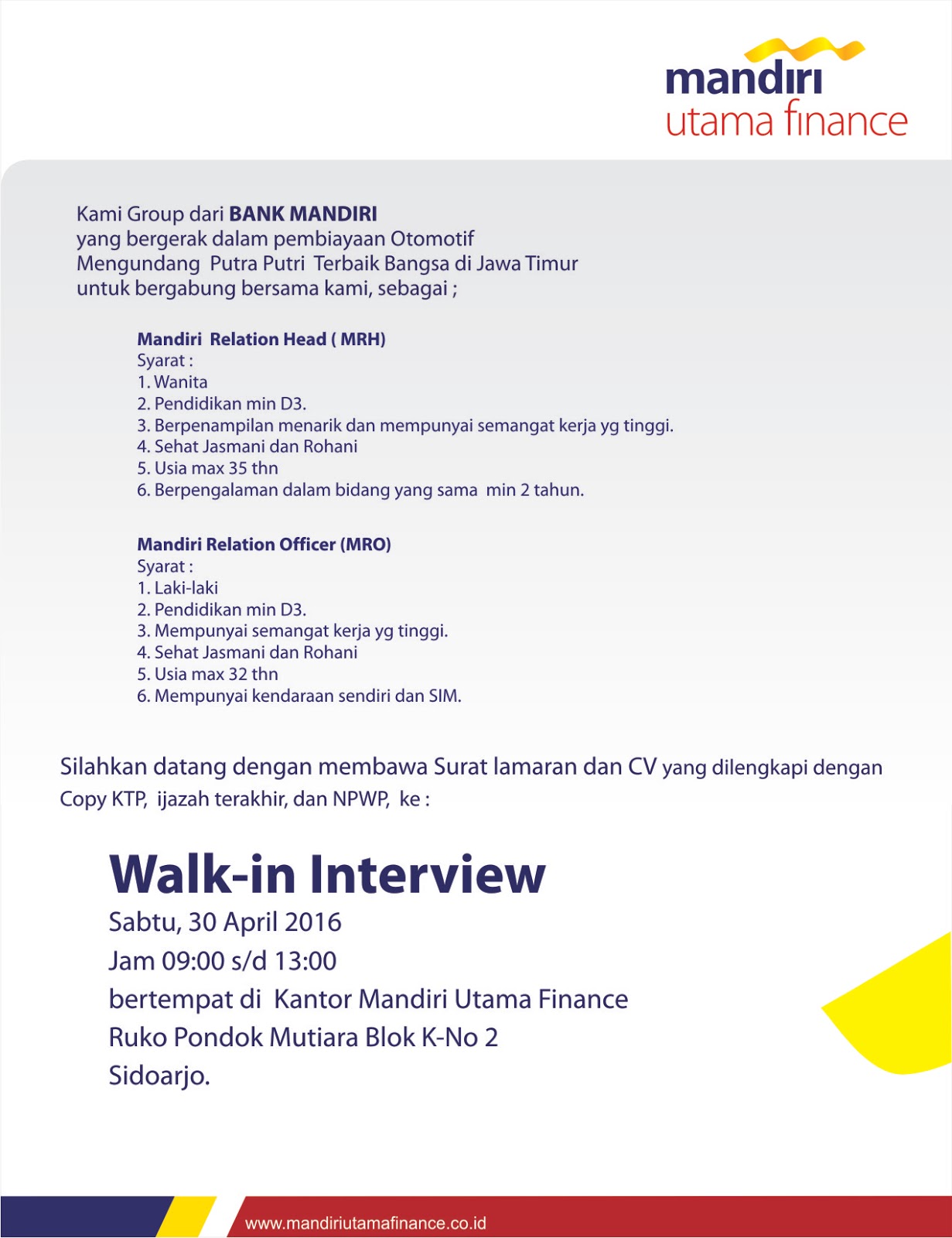 Walk In Interview di Mandiri Utama Finance - Sidoarjo 