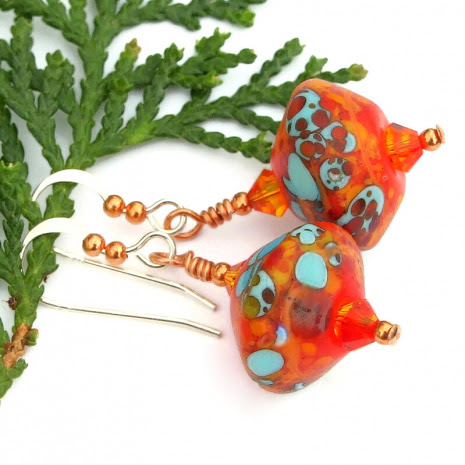 bicone lampwork earrings orange sky blue swarovski crystals