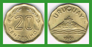 U34 URUGUAY 20 CENTIMOS COIN AUNC (1976-1981)