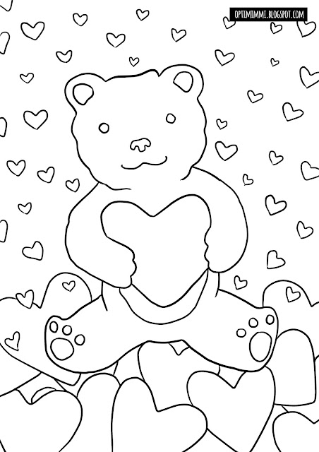 A coloring page of a cute teddy with hearts / Värityskuva söpöstä nallesta sydämien kanssa