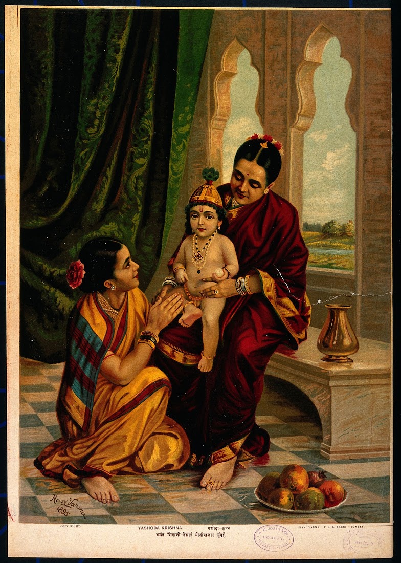 Infant Krishna sitting on Yasoda's Lap with a Female attendant - Lithograph Print, Ravi Varma Press, 1895 